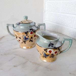 Vintage Japan RS Porcelain Orange Butterfly Lusterware Cream and Sugar Tea Set